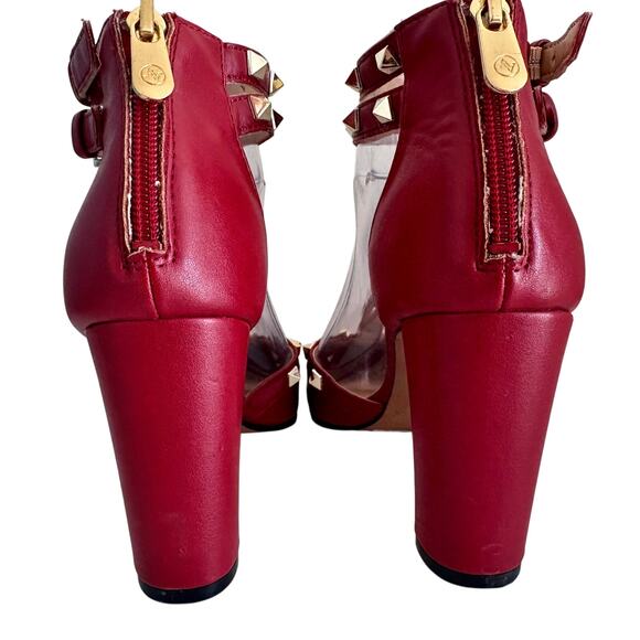 Adrienne Vittadini Red Studded T-Strap Block Heels Back Zip - Picture 2 of 12
